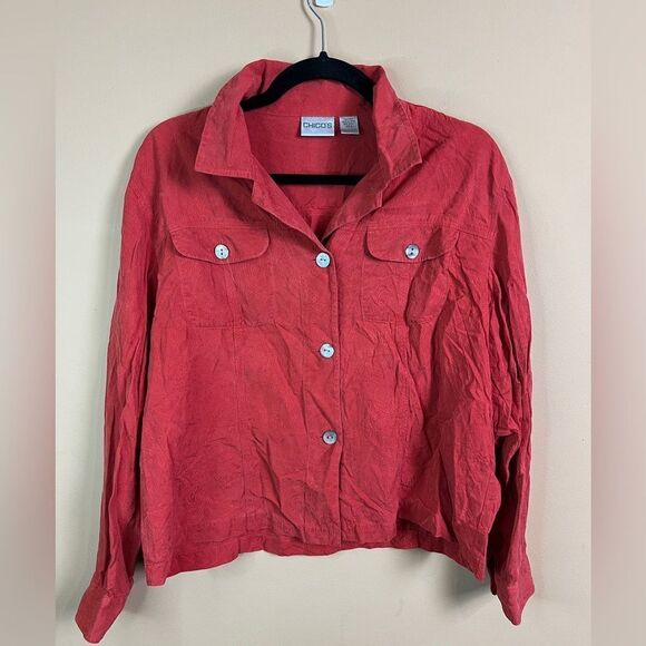 90s Vintage Chicos Size 2 Red Rust 100% Silk Button Up Long Sleeve Western Shirt - Picture 1 of 6